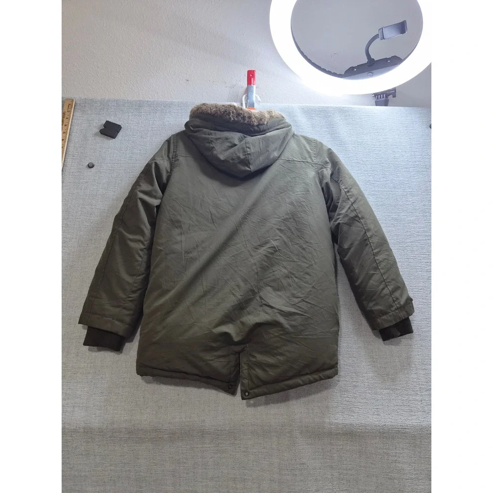 Old Navy Parka Jacket Coat Boys Large 10-12 Green Hooded Faux Fur Button Front